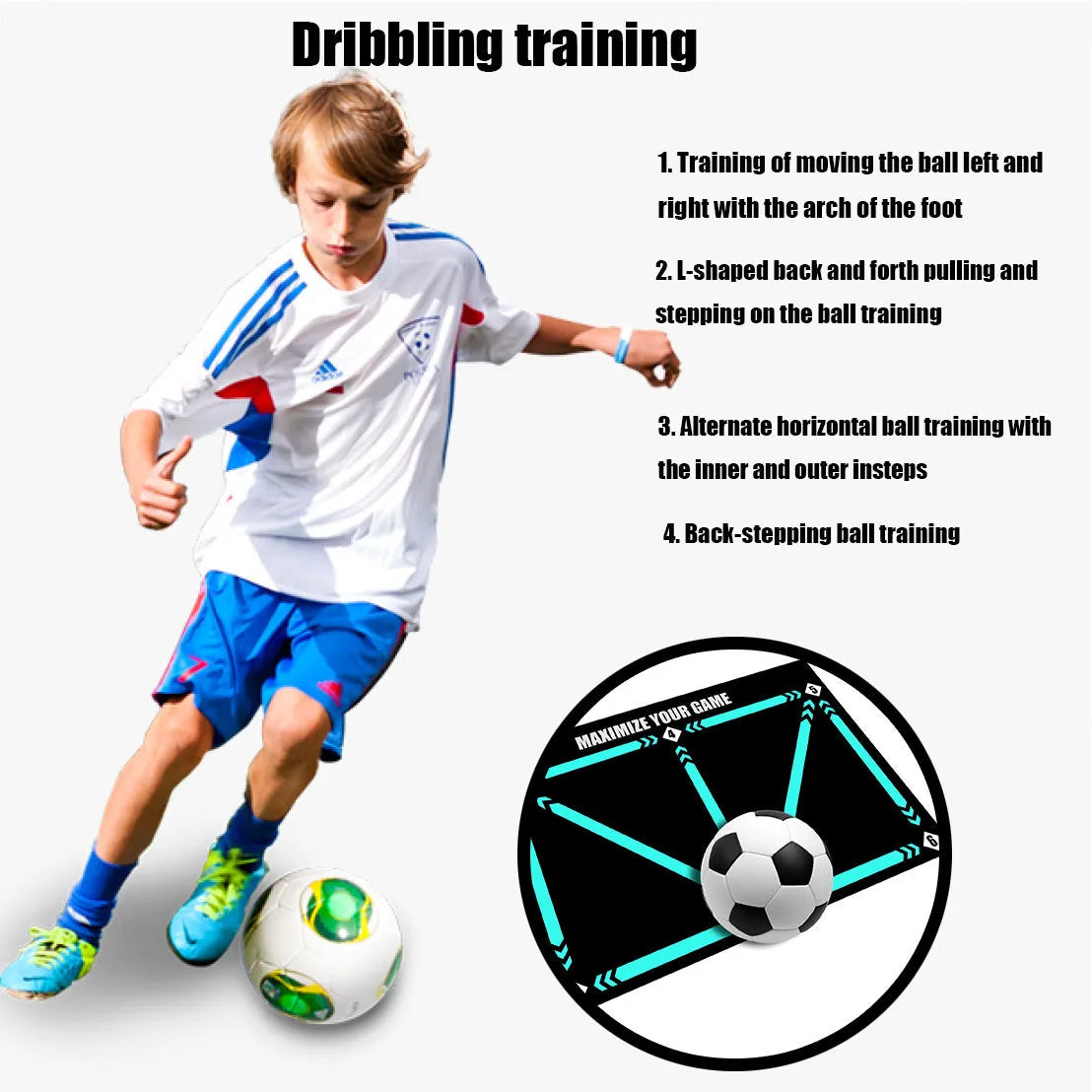 Black non-slip football training mat measuring 60 by 90 centimetres