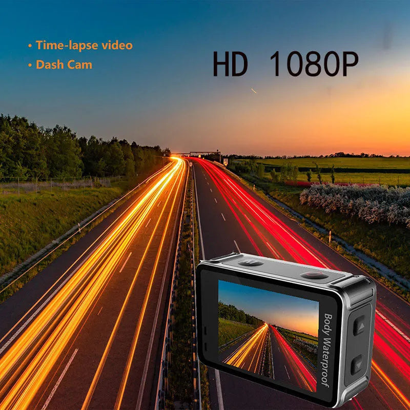 Black compact action camera with touchscreen, shown for outdoor sports and dashcam use.