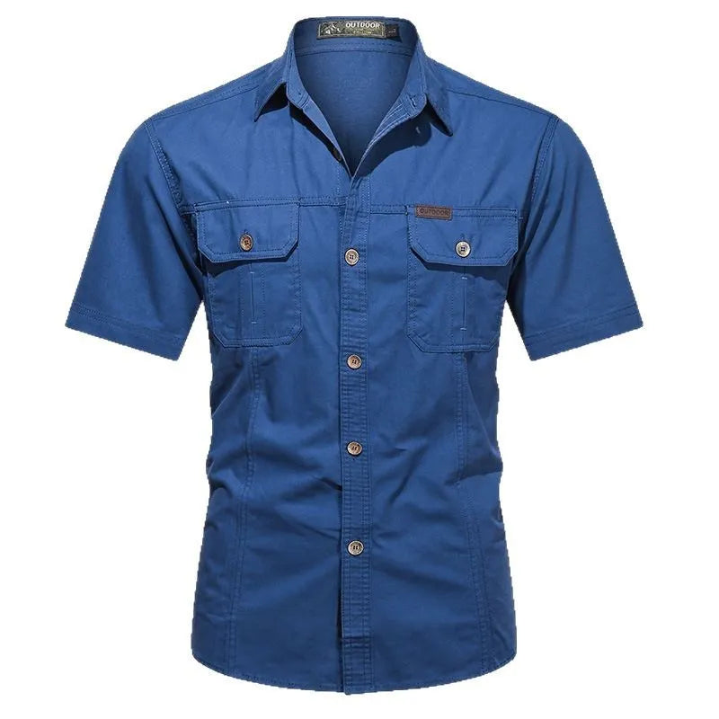Men's loose-fitting short sleeve cotton work shirt in army green, shown in a cardigan style.