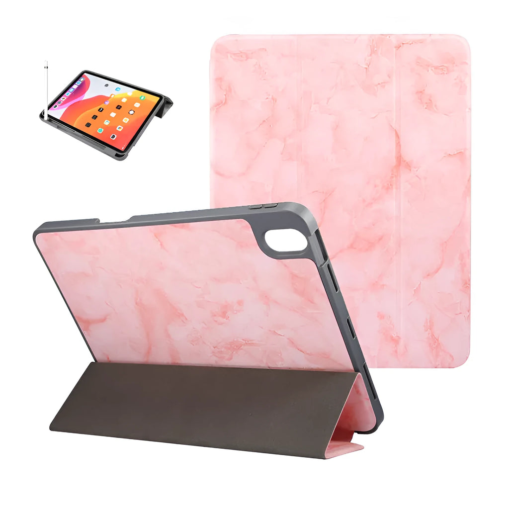 Tri-fold marbling imitation leather iPad case with pen slot in dark gray colour