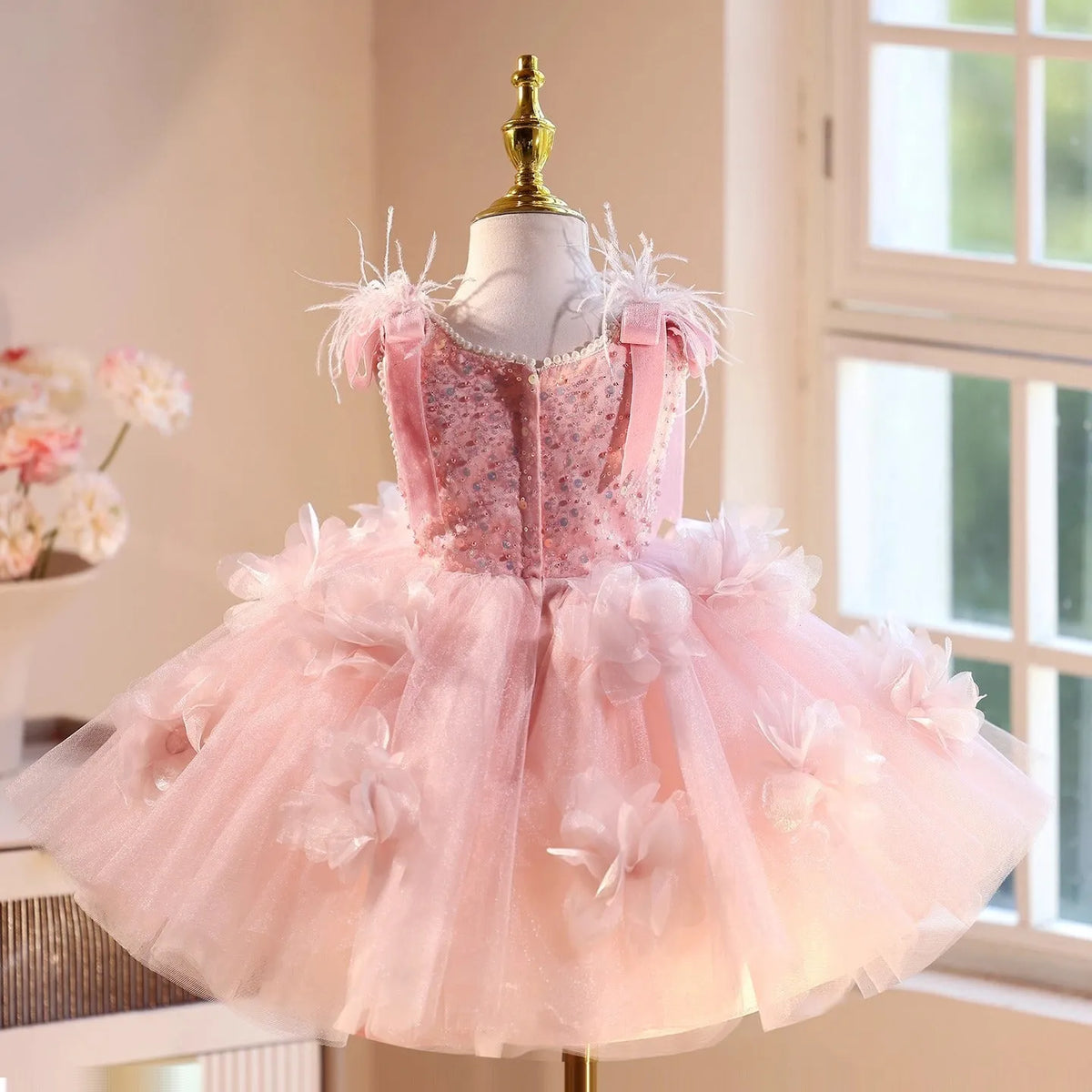 Pink polyester princess dress for girls, fits height 80-150cm, piano recital wear