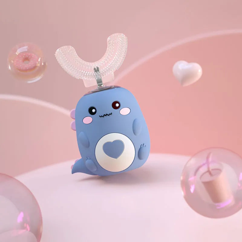 Children's electric toothbrush with food grade silicone U-shaped head, 360 degree automatic cleaning, USB charging, available in Little Dinosaur Pink, Blue, Green