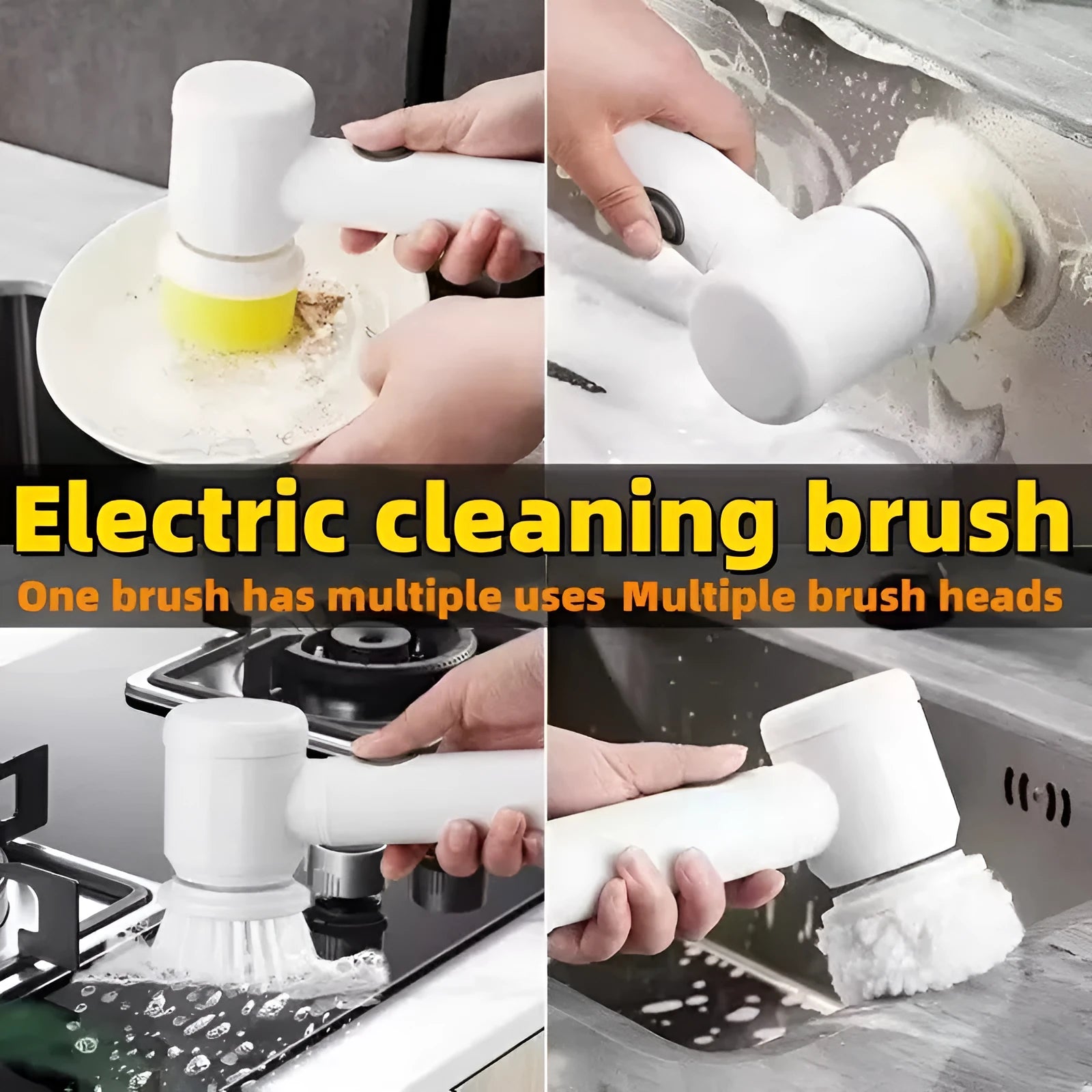 White cordless electric cleaning brush with three interchangeable brush heads on a bathroom sink