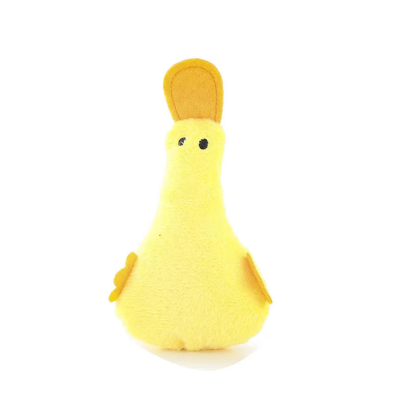 Colourful plush duck pet toy with catnip, a squeaker, and crinkly rattle paper for cats and dogs.