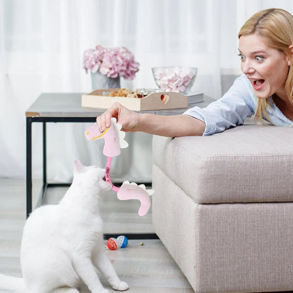 Set of four cat chew toys including rope, fish, mouse, and bunny designs for indoor play
