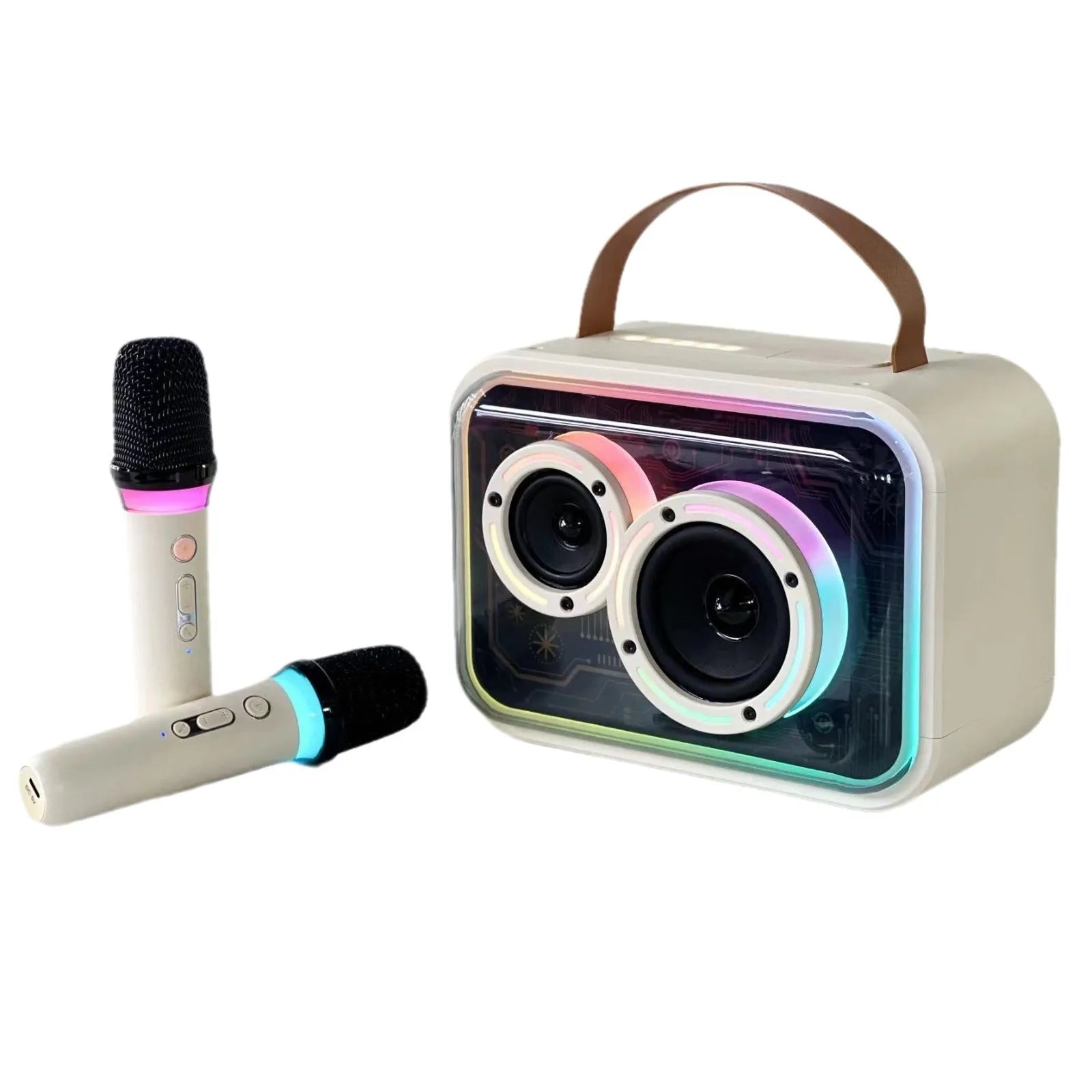 Light yellow and black Bluetooth karaoke speaker with RGB lighting and microphone options