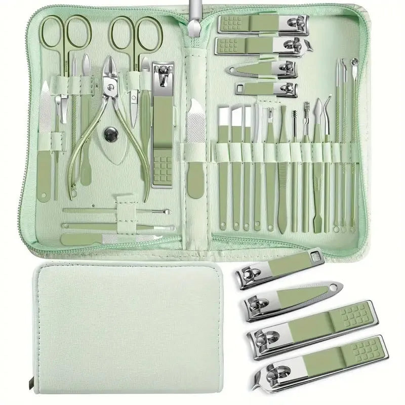 30-piece stainless steel nail beauty tool set showing various manicure and pedicure tools