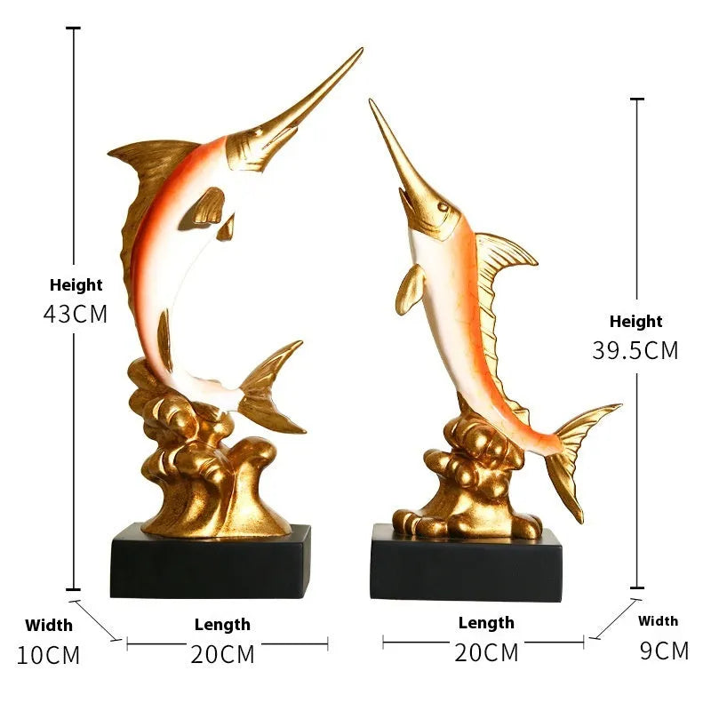 European swordfish resin and plastic decorative ornament in choice of colours on a shelf.