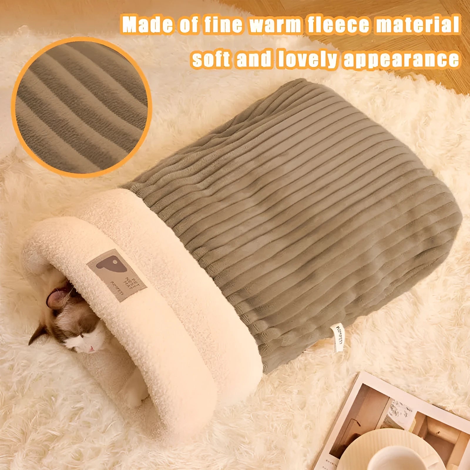 Brown semi-enclosed pet sleeping bag with lambswool warming layer for cats