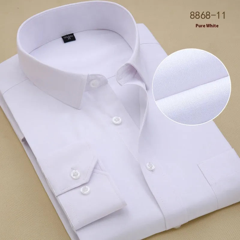 Men's solid colour cotton long sleeve business shirt in a slim fit on a hanger