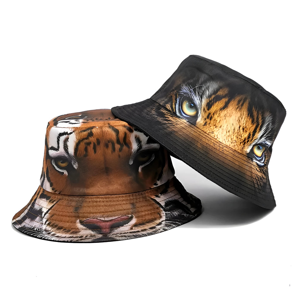 Retro tiger pattern bucket hat with dome crown, polyester, size M 56-58cm, in khaki and black tiger colours