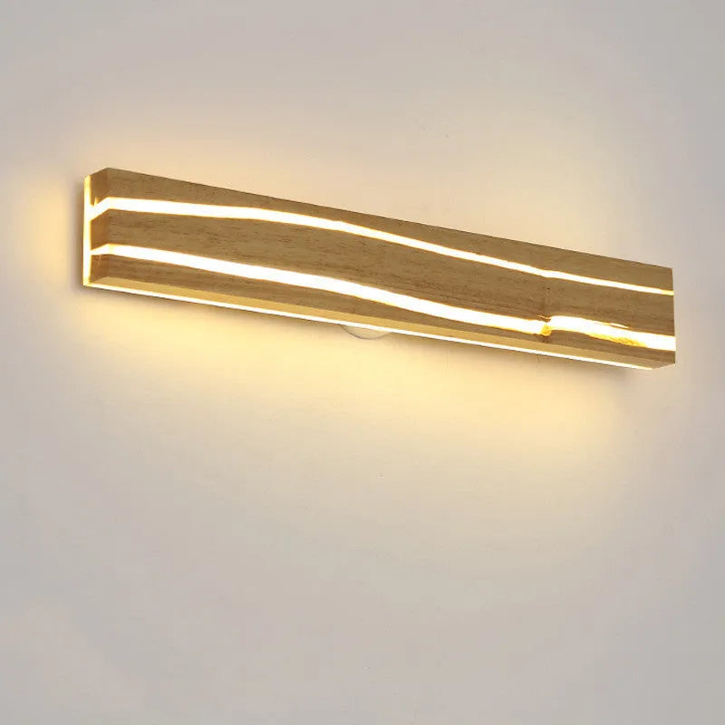 Solid wood LED wall light with rubber wood frame and acrylic diffuser in log colour