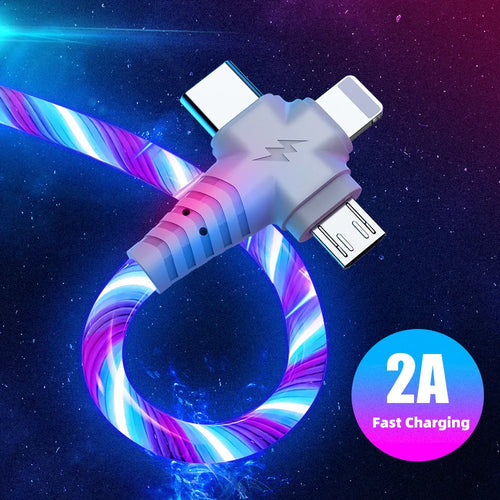 Three-in-one fast charging cable with luminous alloy connectors showing Type-C and Micro USB ends