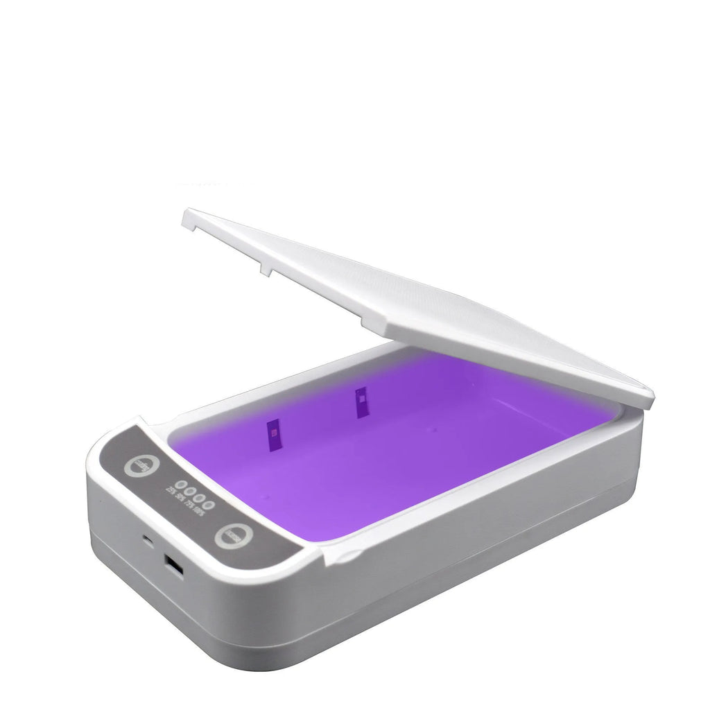 White UV disinfection box with closed lid, shown with scale indicating its 218mm length.