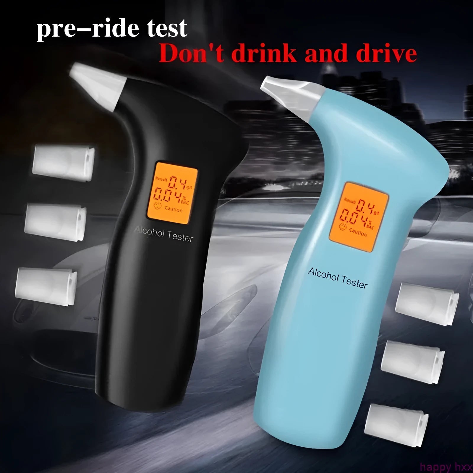 Portable orange light breath alcohol tester with replaceable mouthpieces in choice of colour box.