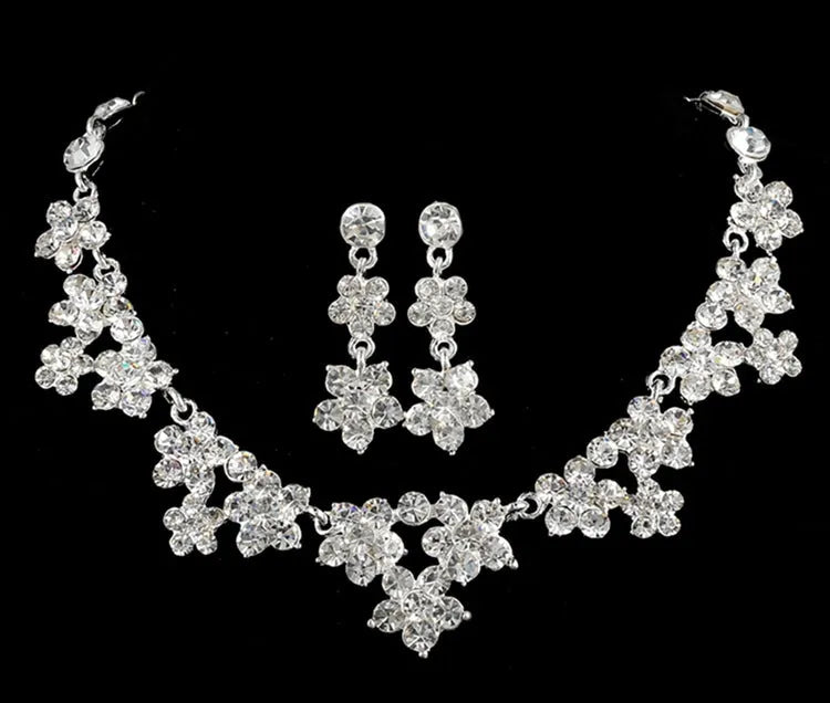 Korean crystal necklace and earring bridal set with crystal detailing on metal base