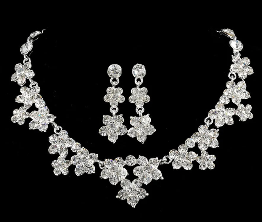 Korean crystal necklace and earring bridal set with crystal detailing on metal base
