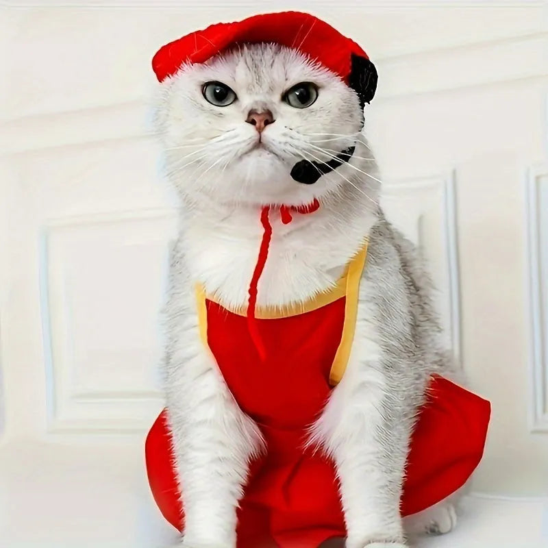 Handmade cotton knitted pet chef hat costume on small dog with elastic neck base