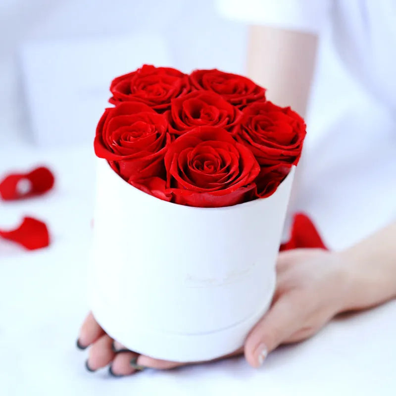 Handmade everlasting rose in Hug Bucket, colour White+Red, with 12 flowers