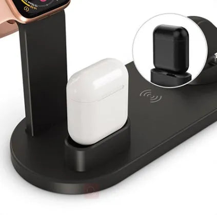 4 in 1 wireless charger stand for iPhone Samsung iWatch AirPods in black silicone material with 360 degree rotating dock