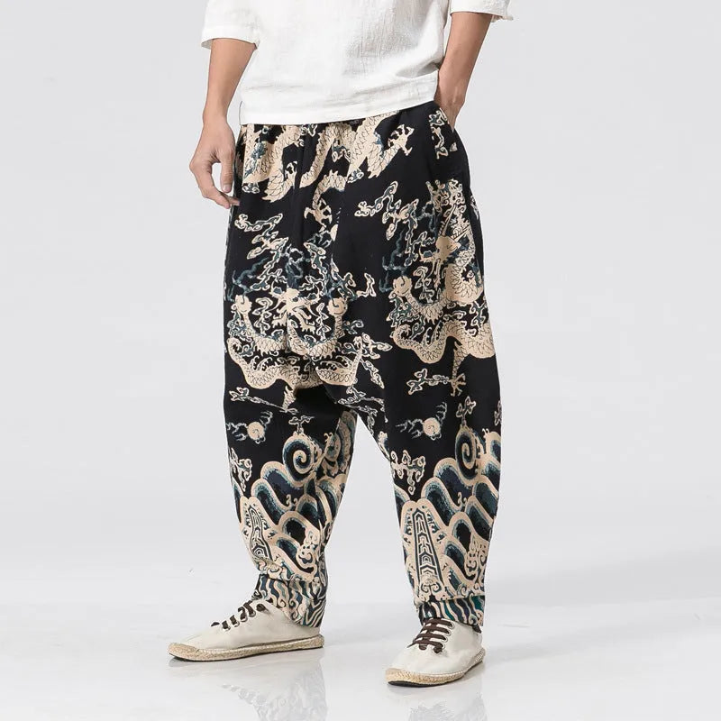 Men's dragon print harem trousers with elastic waist, loose length, available in multiple sizes