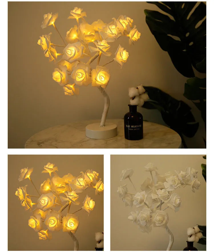 White and red rose flower LED table lamp with bonsai tree lights on a table.