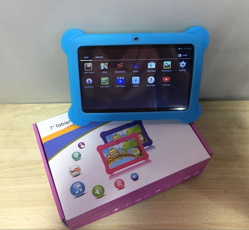Children's tablet with 7-inch capacitive touch screen in black, showing front display and ABS plastic shell
