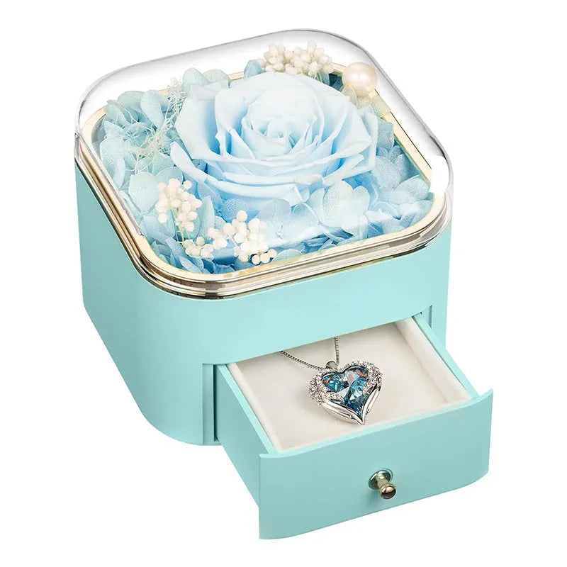 Valentine's Day rose flower drawer jewellery box with preserved real rose and matching love crystal necklace