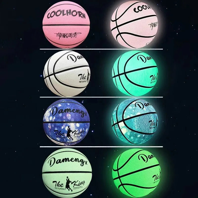 Luminous PU soft leather basketball in blue glow colour on outdoor court