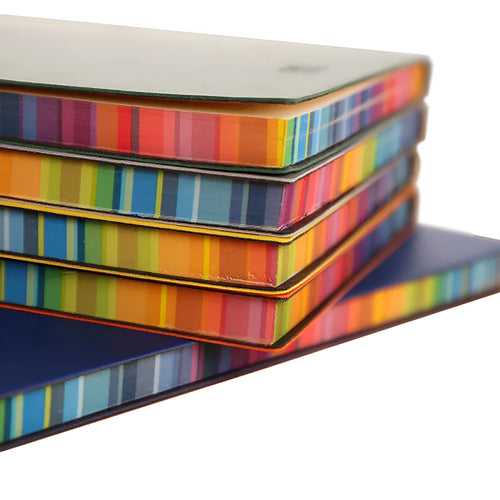 A5 rainbow side PU leather cover notebook open on a desk, showing lock line hardcover binding and 100g Daolin paper pages