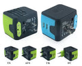 Multi-function conversion socket with dual USB charger, six outlets, flame retardant PC ABS housing, 65x52x53mm, in black