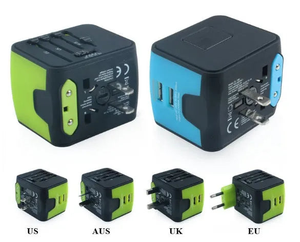 Multi-function conversion socket with dual USB charger, six outlets, flame retardant PC ABS housing, 65x52x53mm, in black