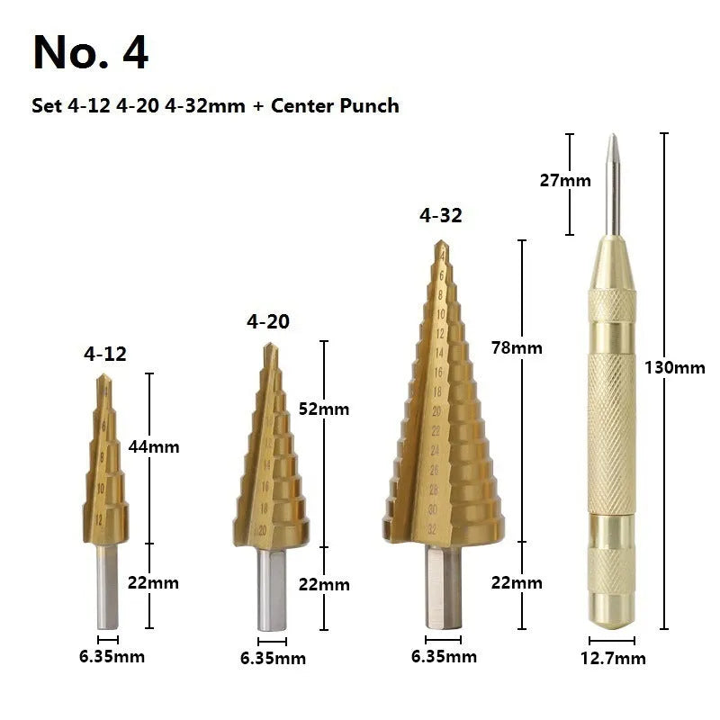 High speed steel cone drill bit and centre punch set with multiple step drill sizes for metalworking