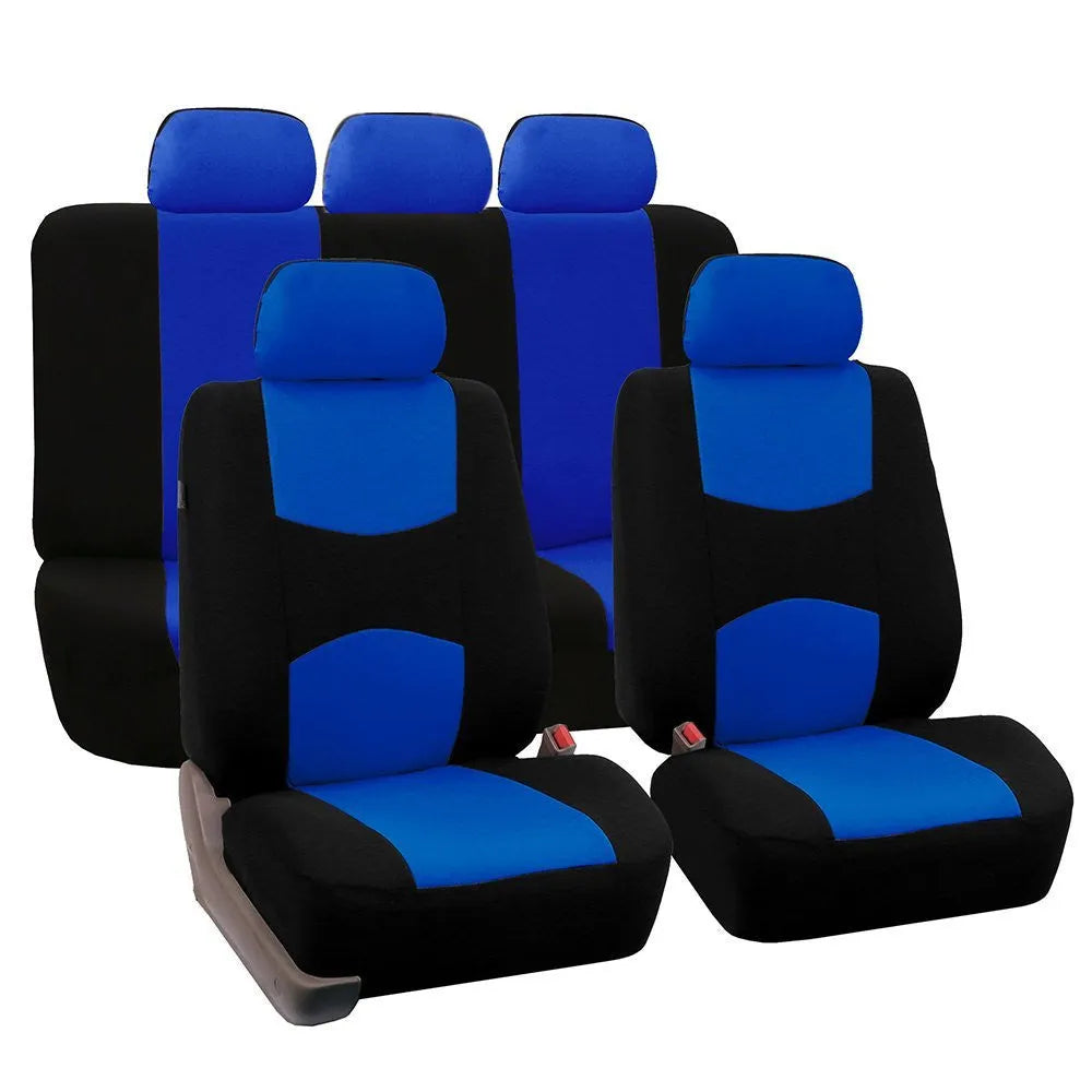 Universal car seat cover set in bird's eye cloth fabric, includes head covers and front and rear seat covers