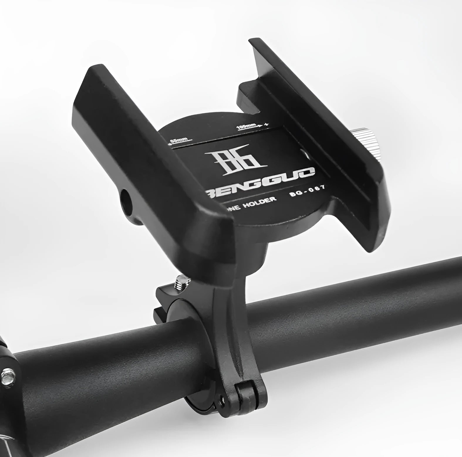 Black aluminium alloy bicycle phone holder mounted on handlebar, sized for phones 55-100mm wide.