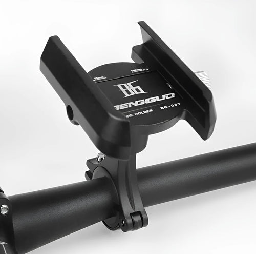 Black aluminium alloy bicycle phone holder mounted on handlebar, sized for phones 55-100mm wide.
