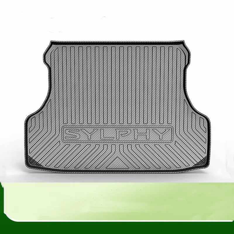 Black carbon fibre pattern TPE car boot liner mat for vehicle trunk protection.