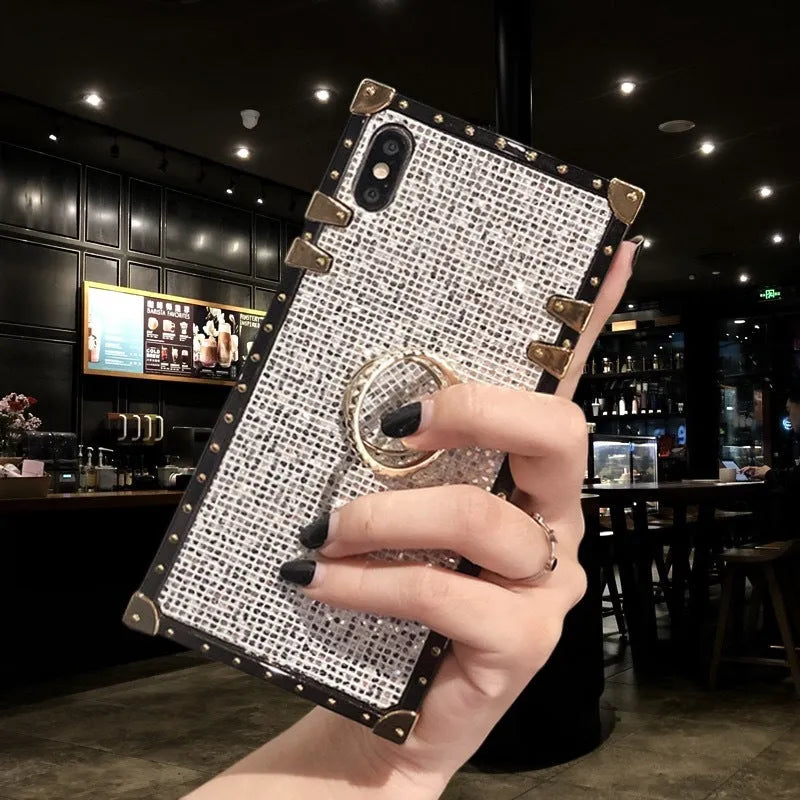 Square TPU mobile phone case with flash diamond bracket in multiple colour options