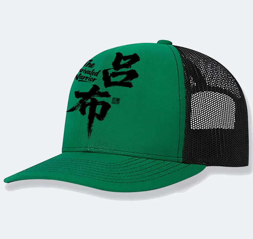 Men's black polyester baseball cap showing six-panel construction on a white background.
