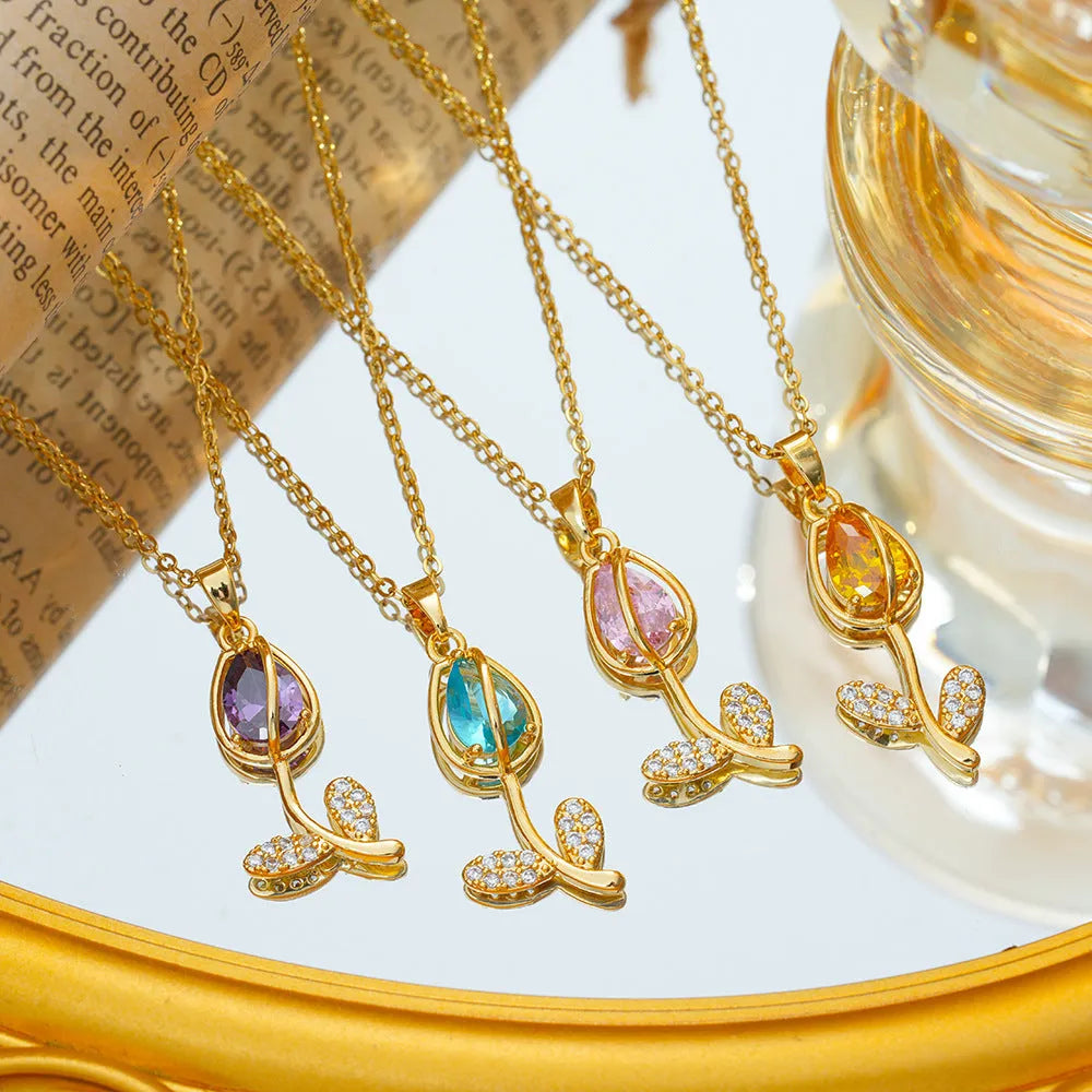 Women's zircon tulip necklace with adjustable chain in gold pink, yellow, purple, green, and white.