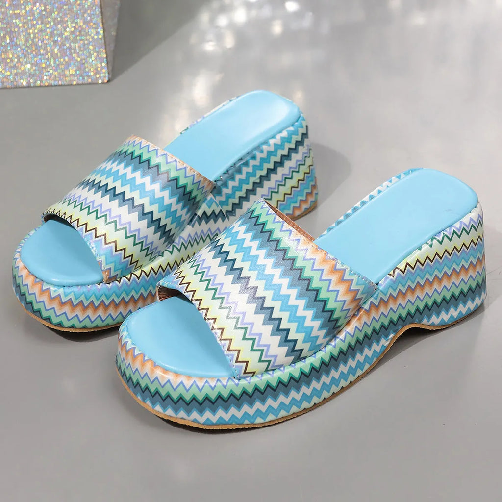 Beige women's wave print wedge sandal with thick bottom heel and fish-mouth toe, PU upper and rubber sole