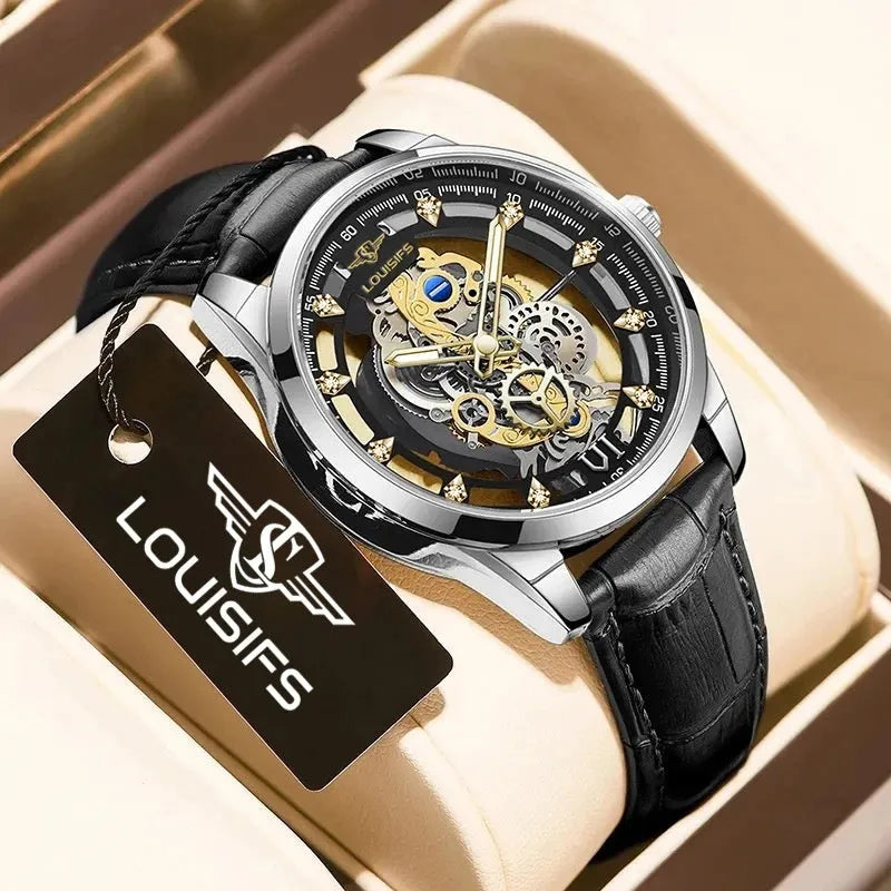 Men's Swiss quartz business watch with hollow case showing movement, available in three colour combinations