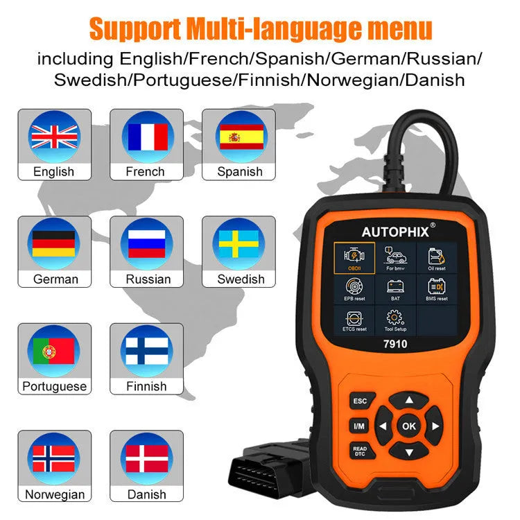 Autophix 7910 BMW full system diagnostic scanner tool with OBD2 connector