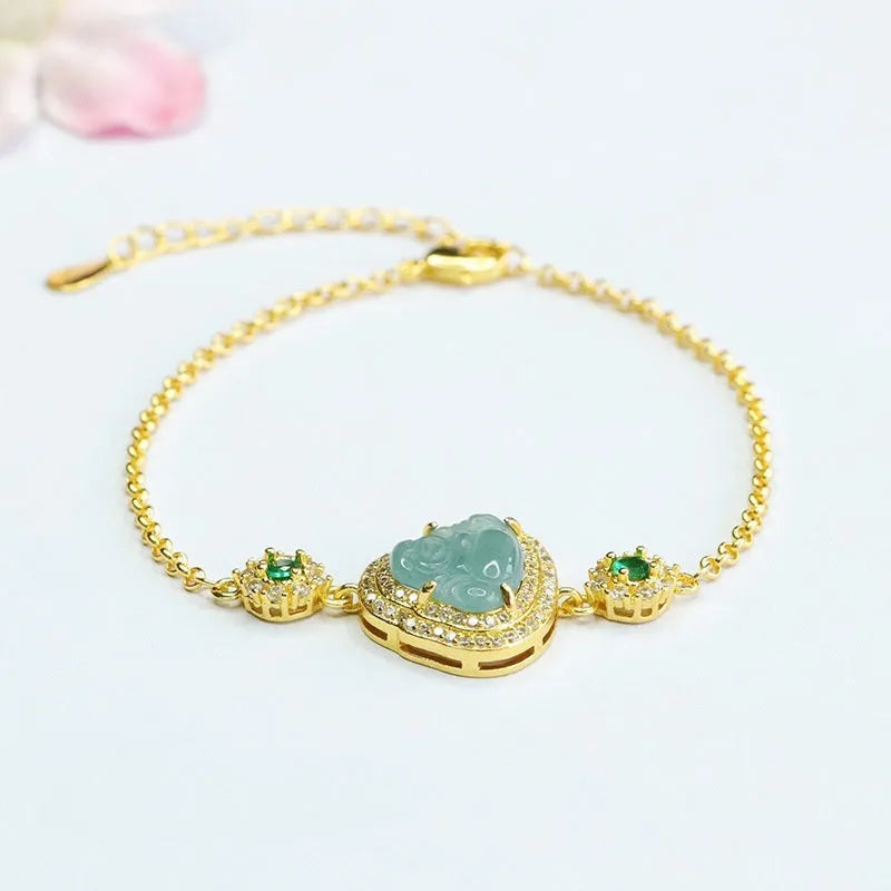 Emerald blue water Buddha jade bracelet for women showing 10x13mm dimensions and inlaid details
