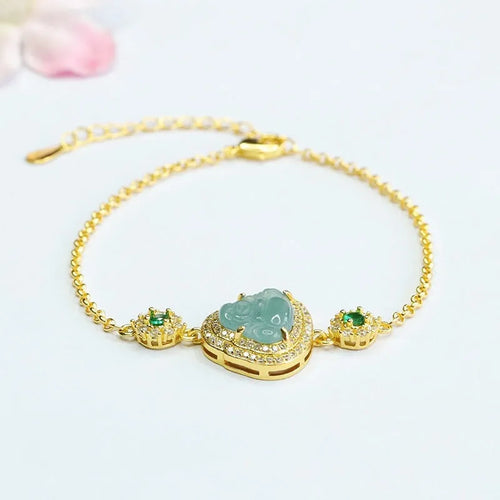 Emerald blue water Buddha jade bracelet for women showing 10x13mm dimensions and inlaid details