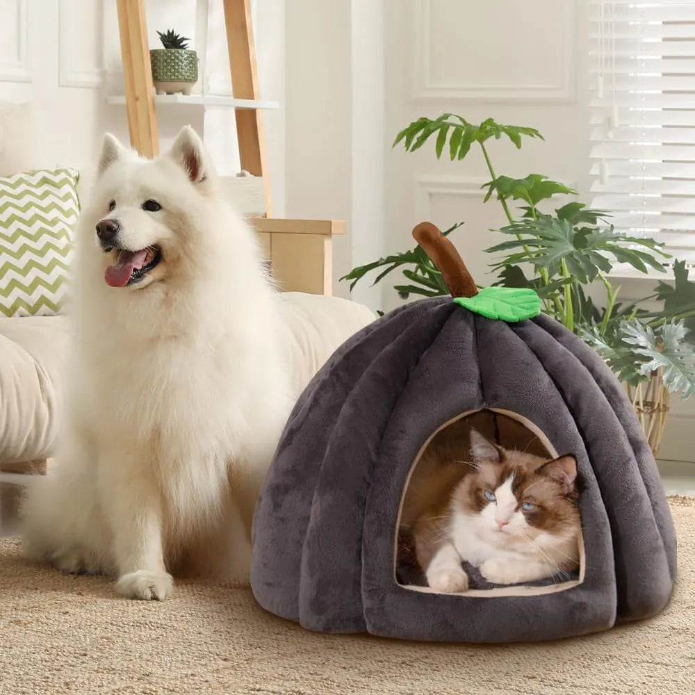 Pumpkin-shaped semi-enclosed cat bed in blue, grey, or yellow with a removable interior mat.