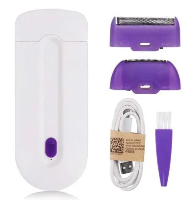 Black rechargeable electric hair remover with Sensa-Light head, trimmer head, foil head, USB cable and cleaning brush.
