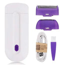 Black rechargeable electric hair remover with Sensa-Light head, trimmer head, foil head, USB cable and cleaning brush.