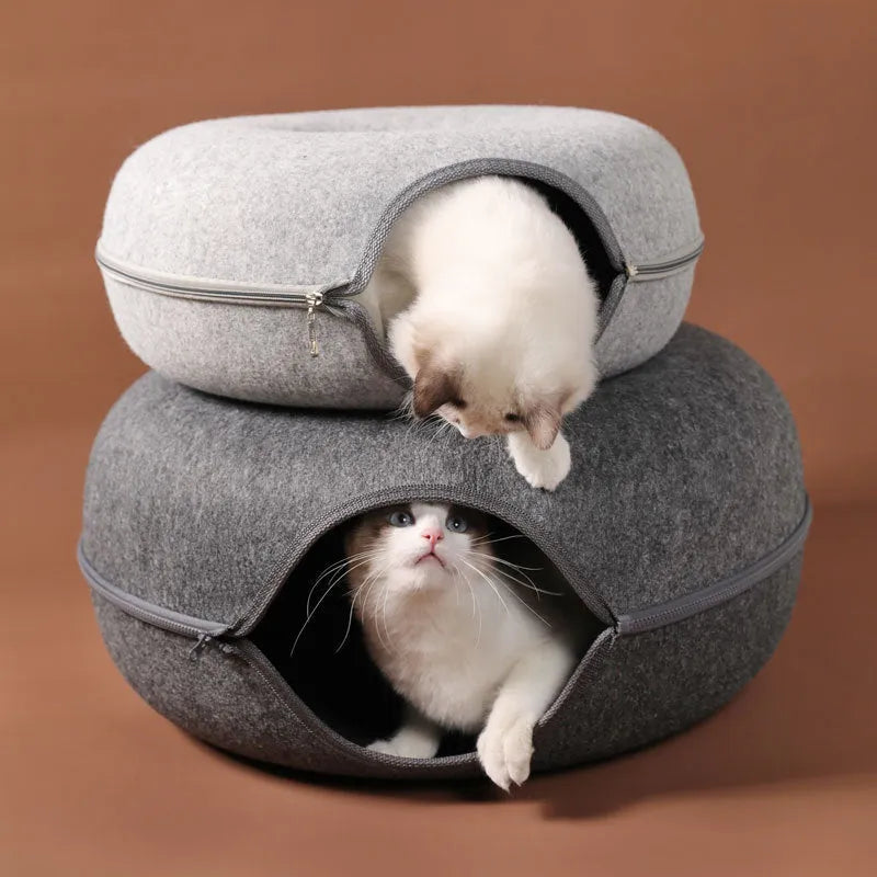 Grey felt cat nest tunnel with round bed and side tunnel entrance for cats