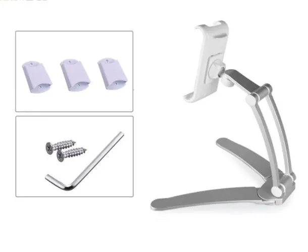 Silver aluminium alloy desktop tablet stand with adjustable holder and white mounting base on a wooden table.